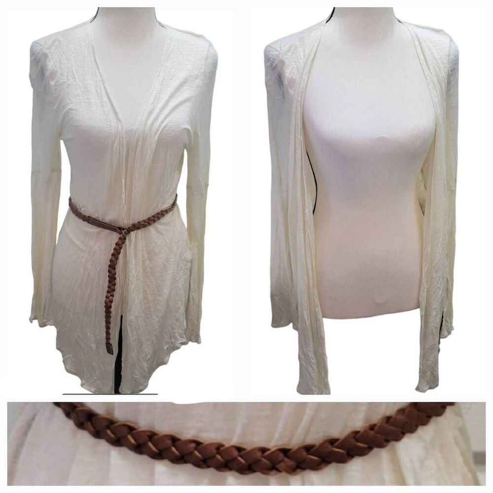DECREE Open Front Light Rayon White Cardigan w/ Braided Brown Belt Sz M New